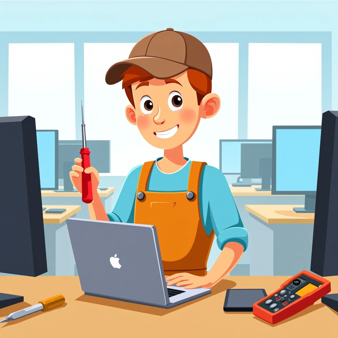 Cartoon of a young male technician with red screwdriver and MacBook.