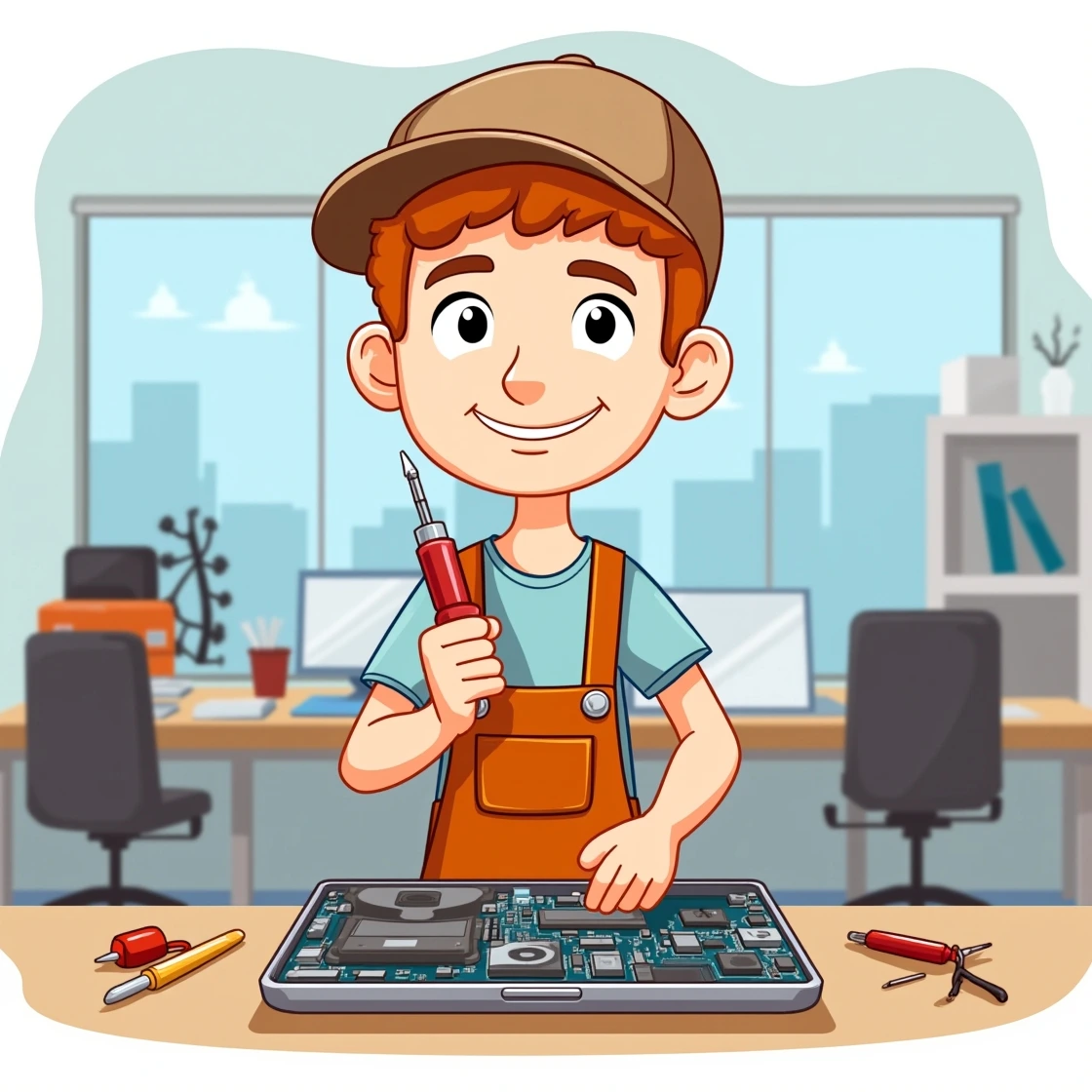 Happy cartoon technician holding screwdriver over MacBook circuit board in office.