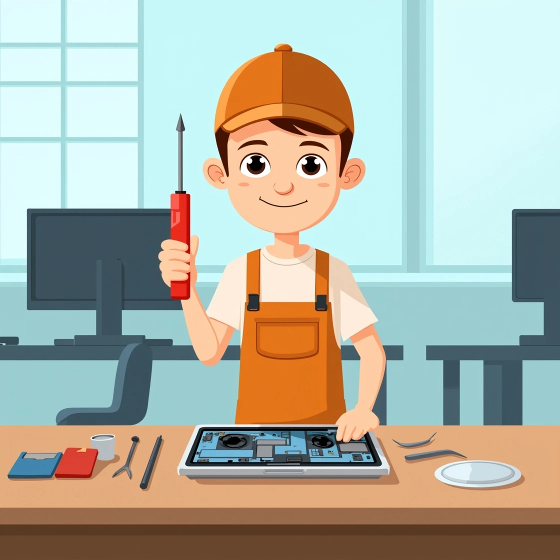Young cartoon technician holding screwdriver while repairing an open MacBook in a tech office.