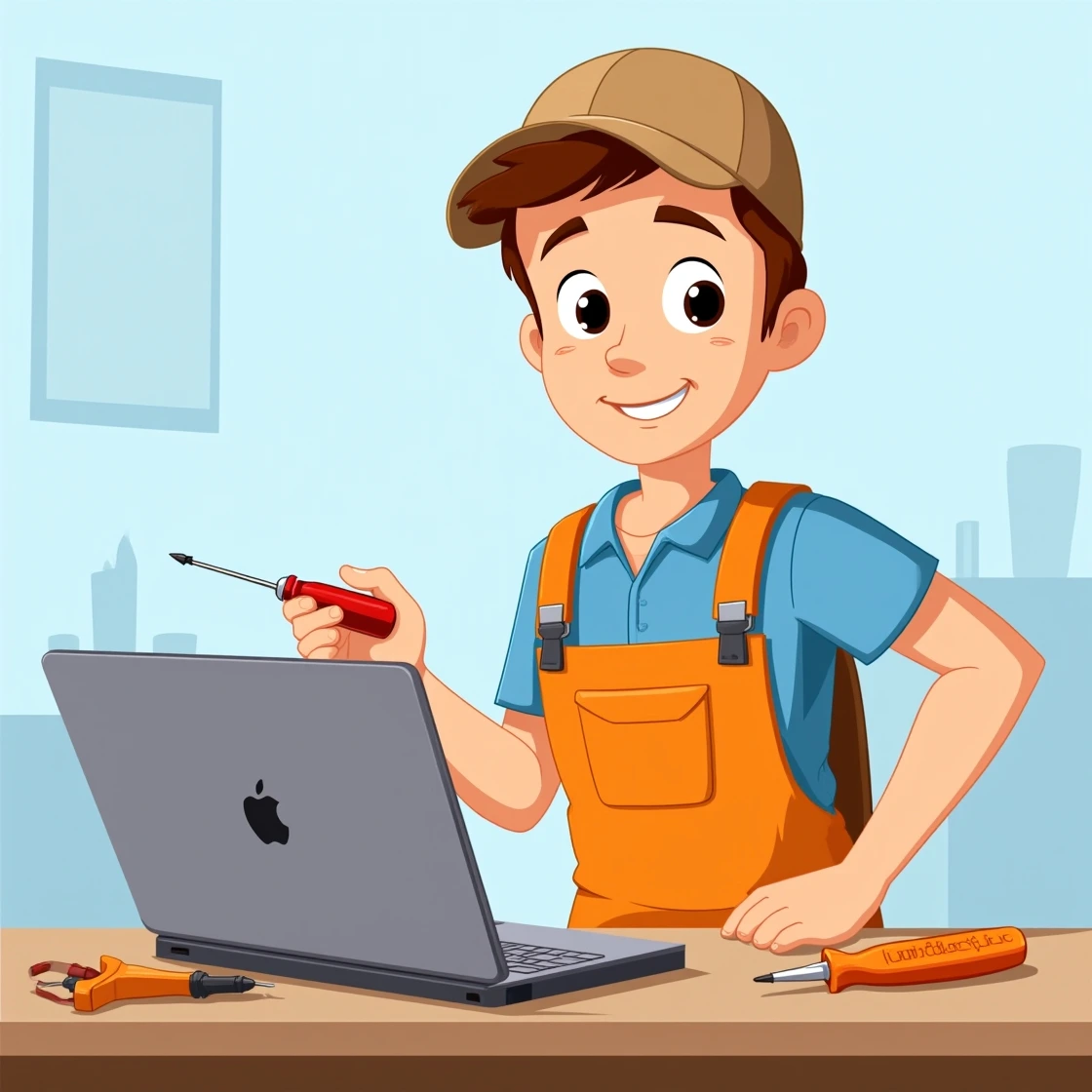Cartoon boy technician performing MacBook repair at desk
