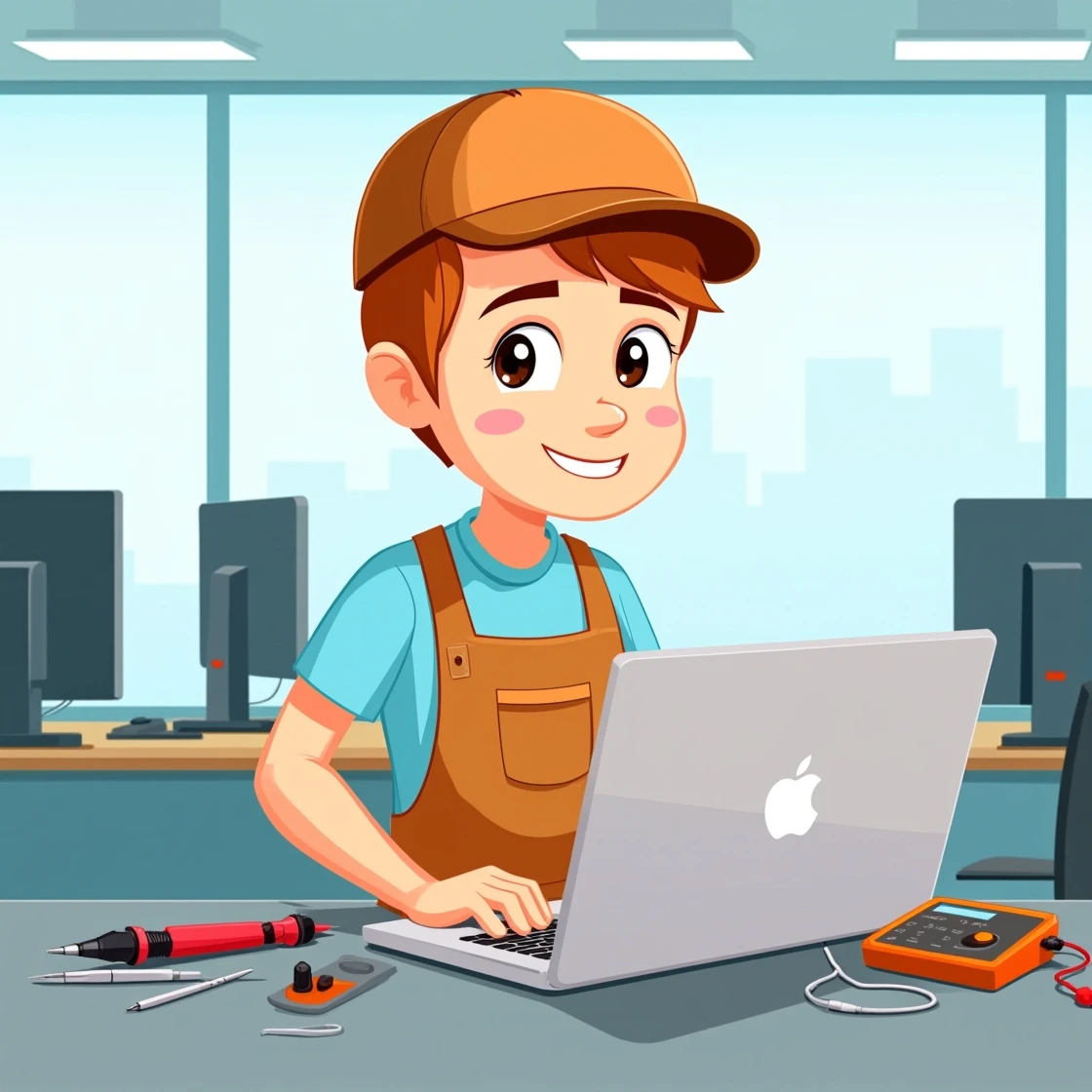 Cartoon laptop repair expert working on a MacBook in an office environment