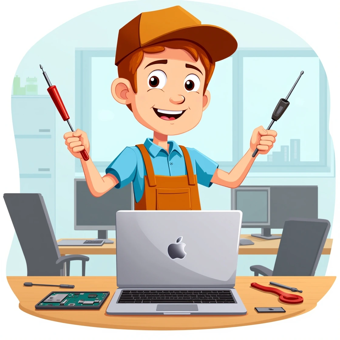 Cartoon MacBook repair technician holding tools at a desk in a computer office.