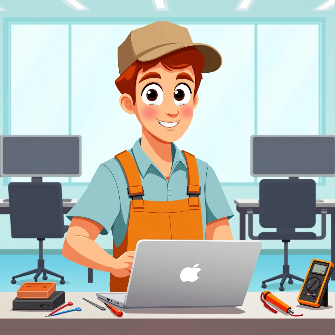 Cartoon-style MacBook technician smiling in a repair lab