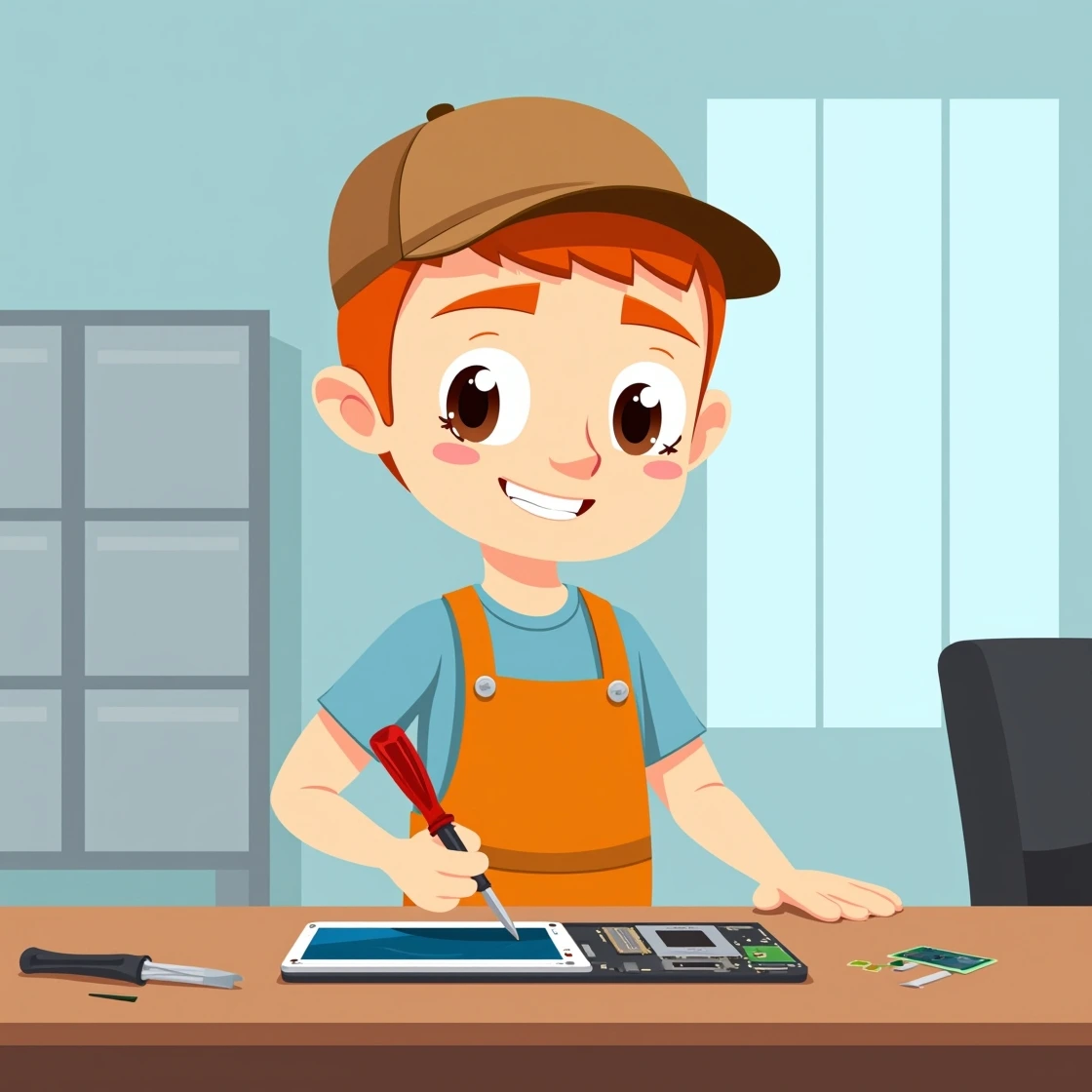 Cartoon repair expert working on a tablet device