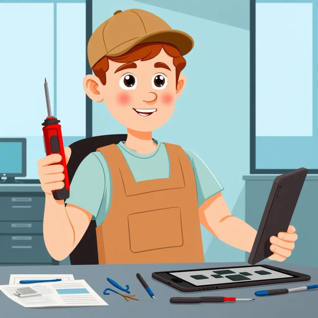 Cartoon technician holding a phone and screwdriver at repair desk