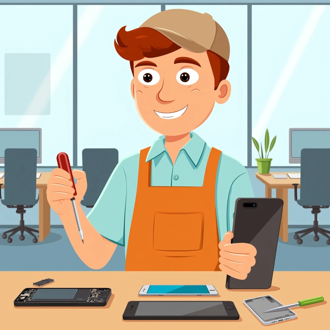 Technician cartoon character holding a phone while repairing another on a desk.