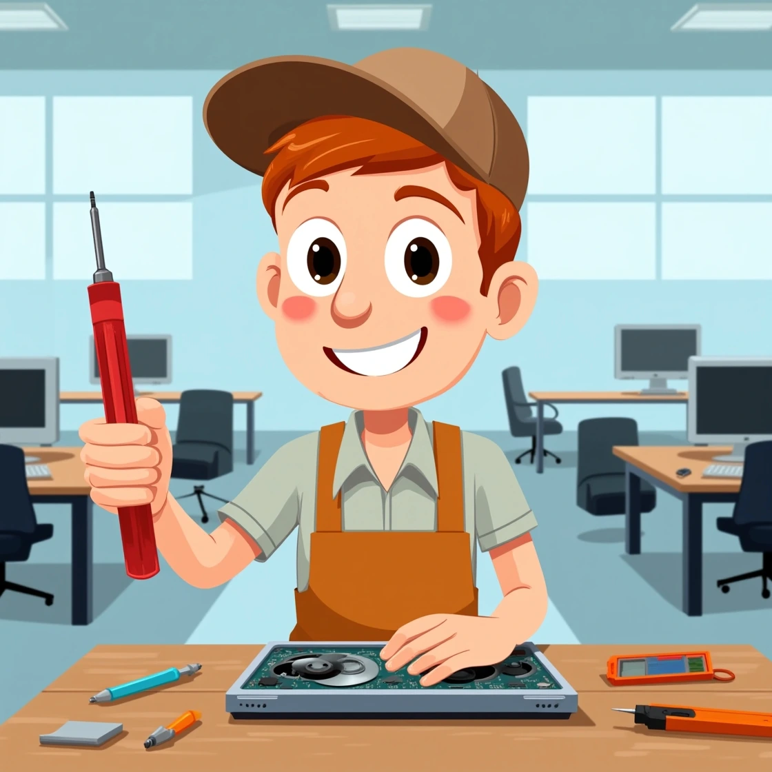Cartoon technician smiling with red screwdriver beside open desktop circuit board in an office.