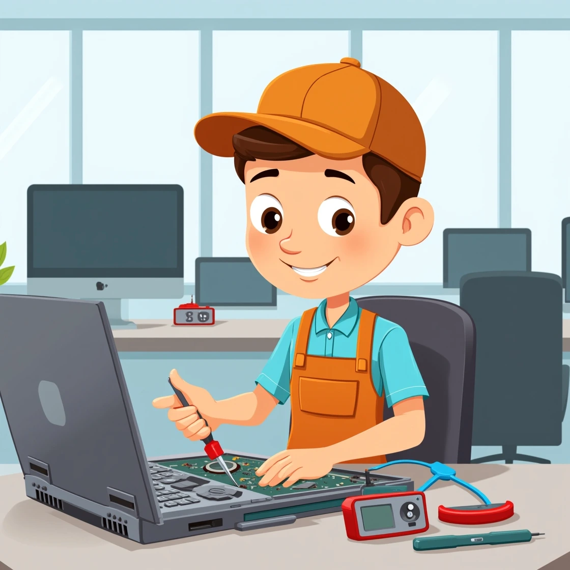 Cartoon technician working on disassembled laptop with tester tools