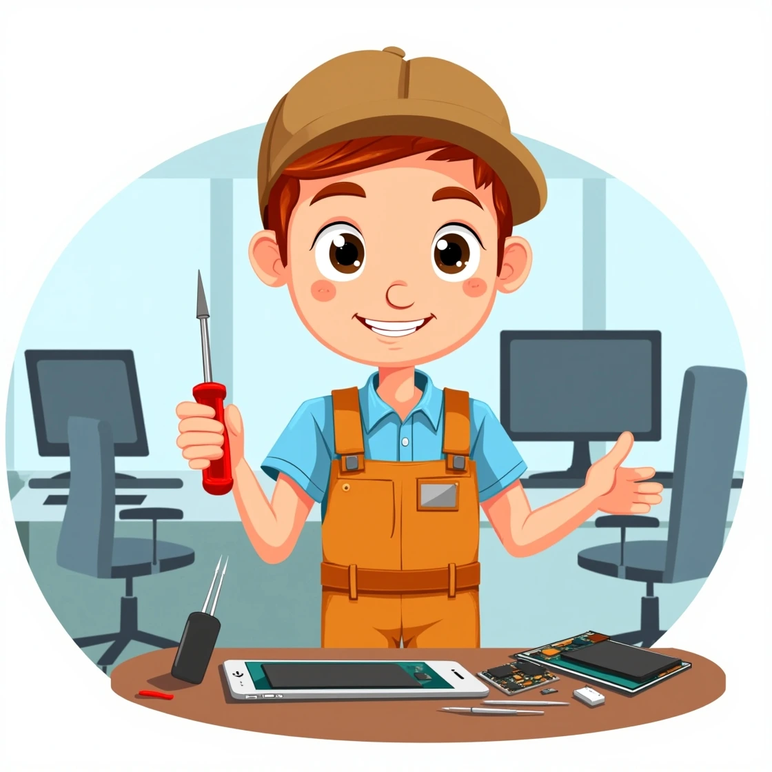Cartoon boy technician with dismantled iPhone on desk