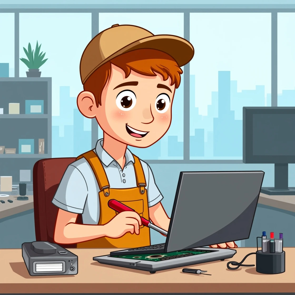 Cartoon repair expert fixing laptop motherboard with tools