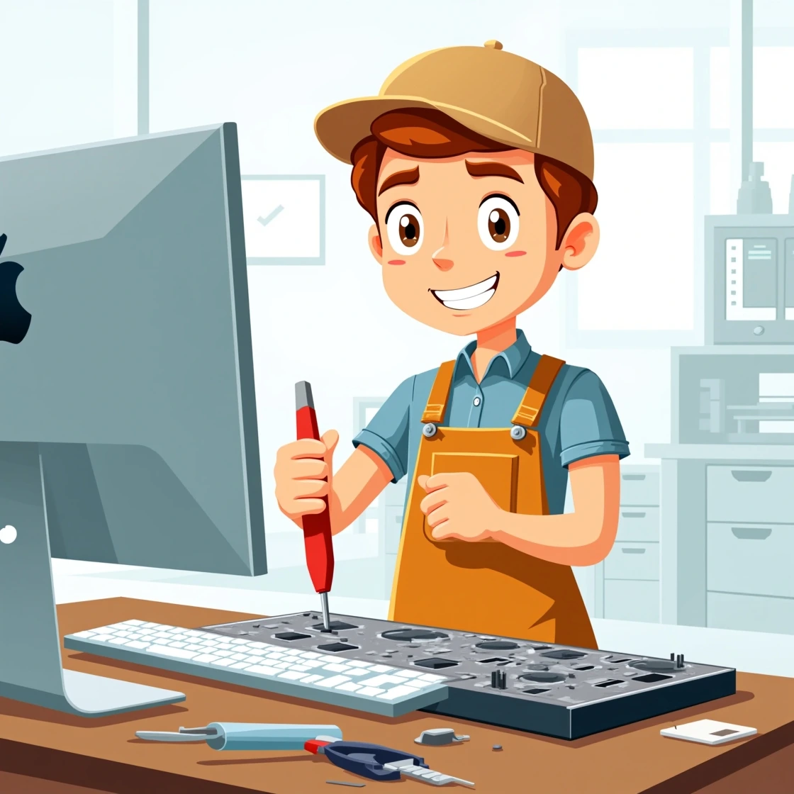 Cartoon expert repairing an iMac keyboard on a desk