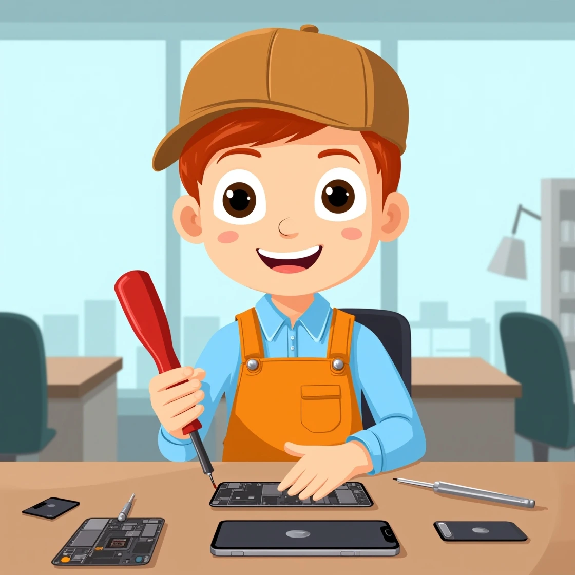 Smiling cartoon repair expert working on an open iPhone with tools around.