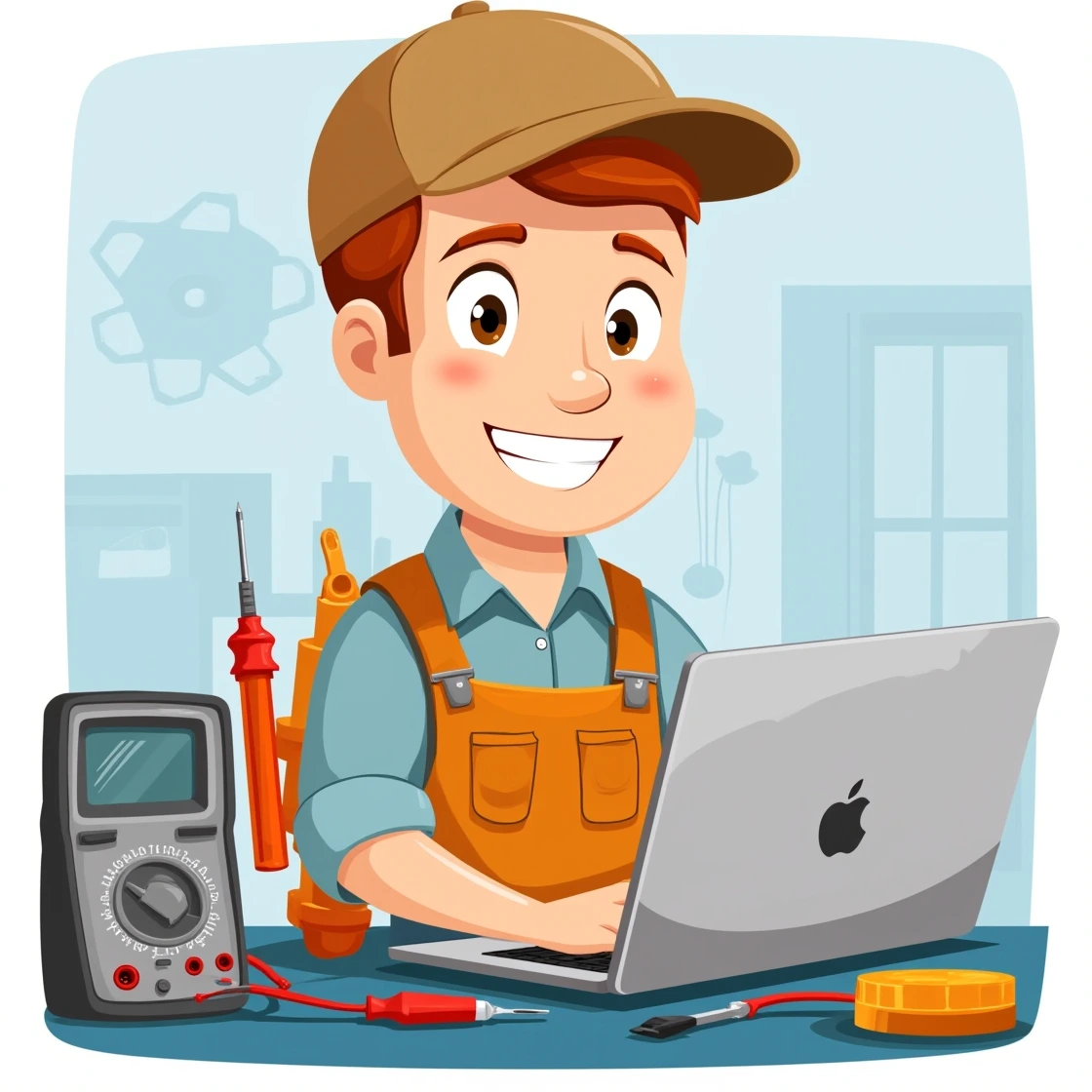 Friendly cartoon technician fixing MacBook using multimeter tools
