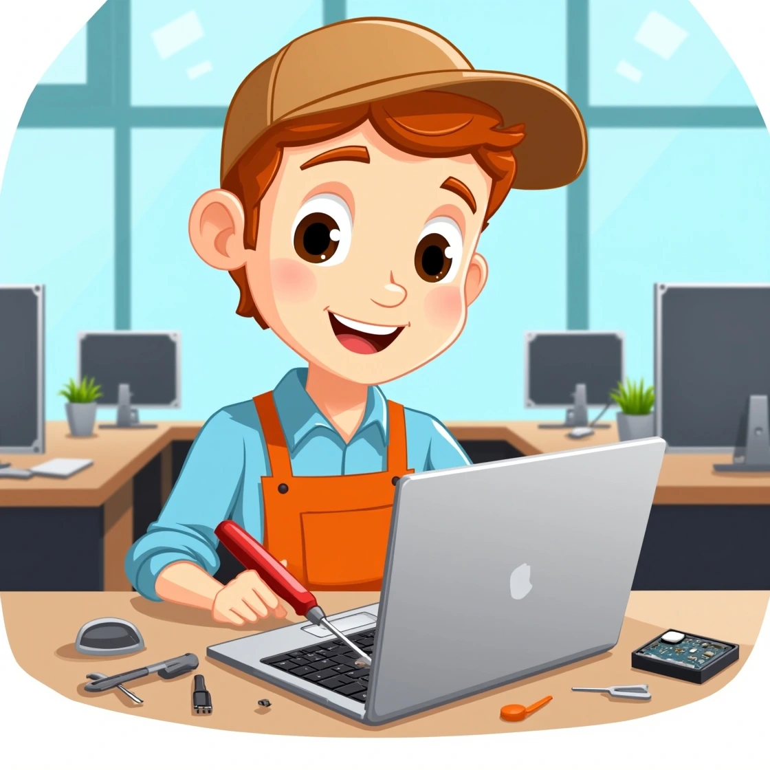 Cartoon technician fixing a MacBook keyboard using tools in a modern workspace.