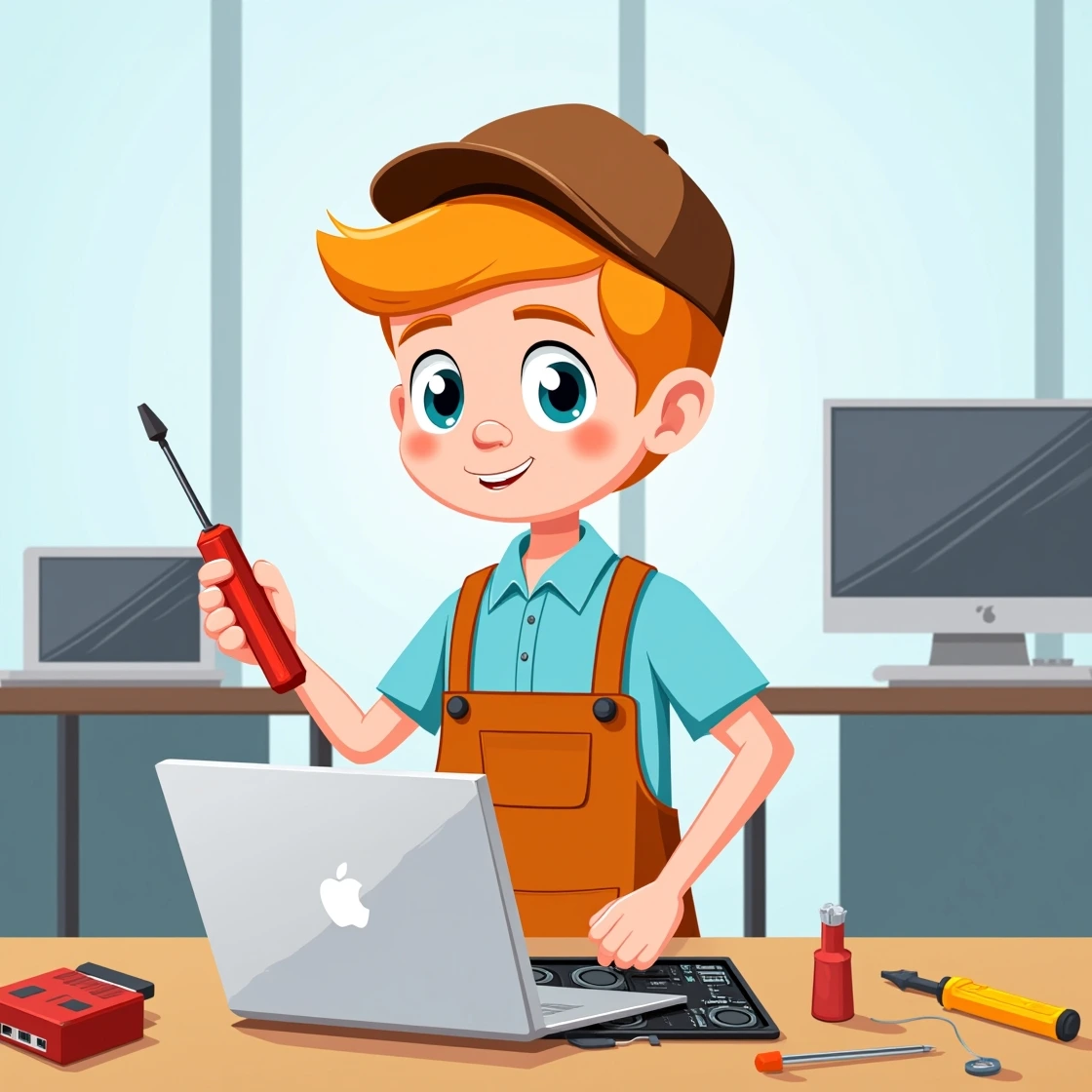 Cartoon computer technician fixing a MacBook with tools on the desk in a repair shop.