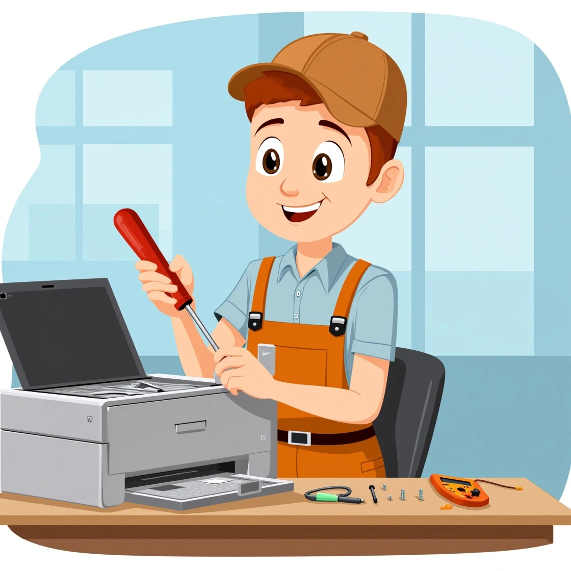 Cartoon character fixing a gray printer on a wooden desk in office