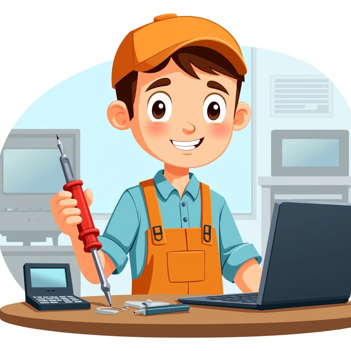 Cartoon expert holding soldering iron while fixing a laptop on a desk.