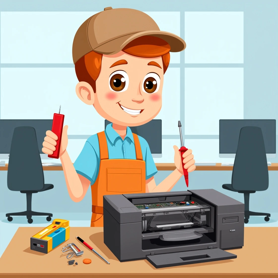 Cartoon technician holding repair tools while fixing a printer in a modern office.