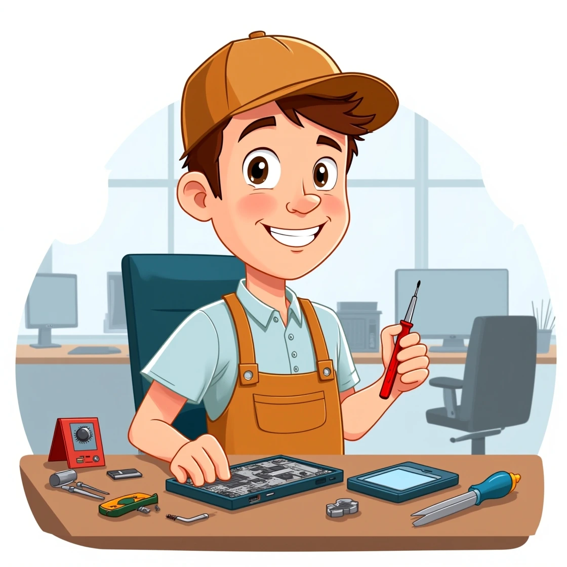 Cartoon of a young technician with screwdriver fixing a smartphone on a desk.