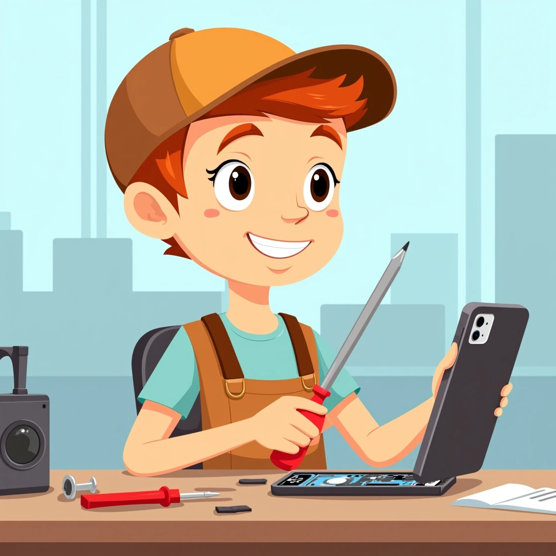 Cartoon boy fixing iPhone screen with screwdriver in hand