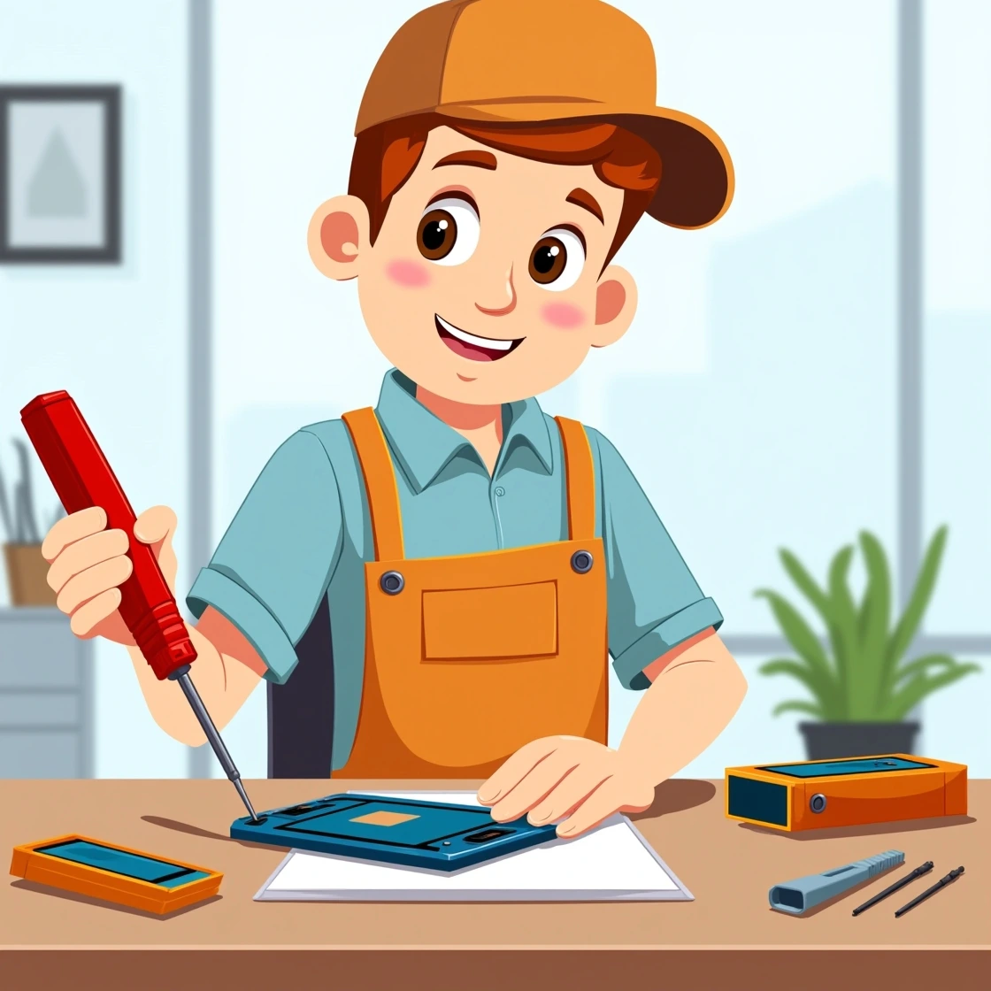 Cartoon repair technician with screwdriver fixing mobile device