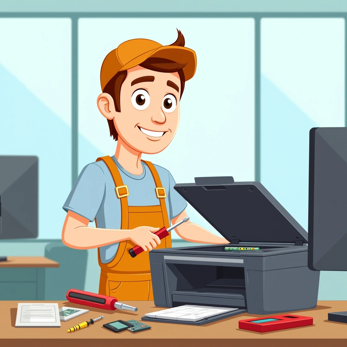 Friendly cartoon repairman fixing scanner printer in office
