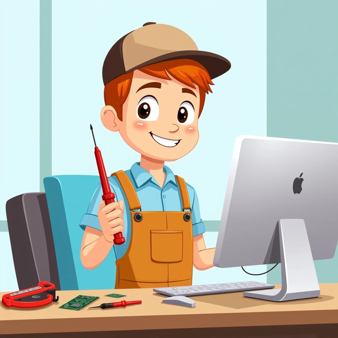 Smiling cartoon technician holding a red screwdriver beside an iMac in office.