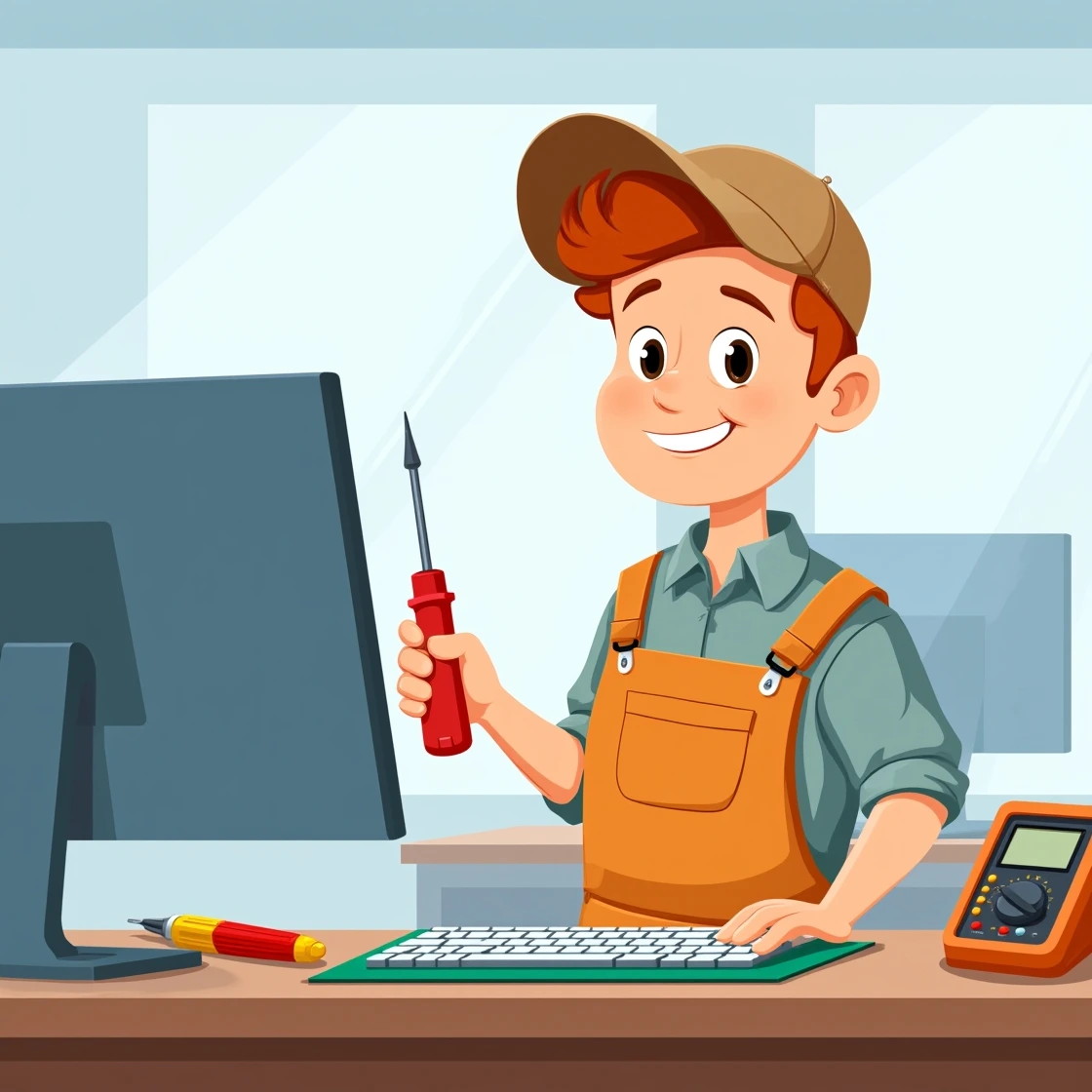 Smiling cartoon technician holding a screwdriver beside an iMac in an office setup.