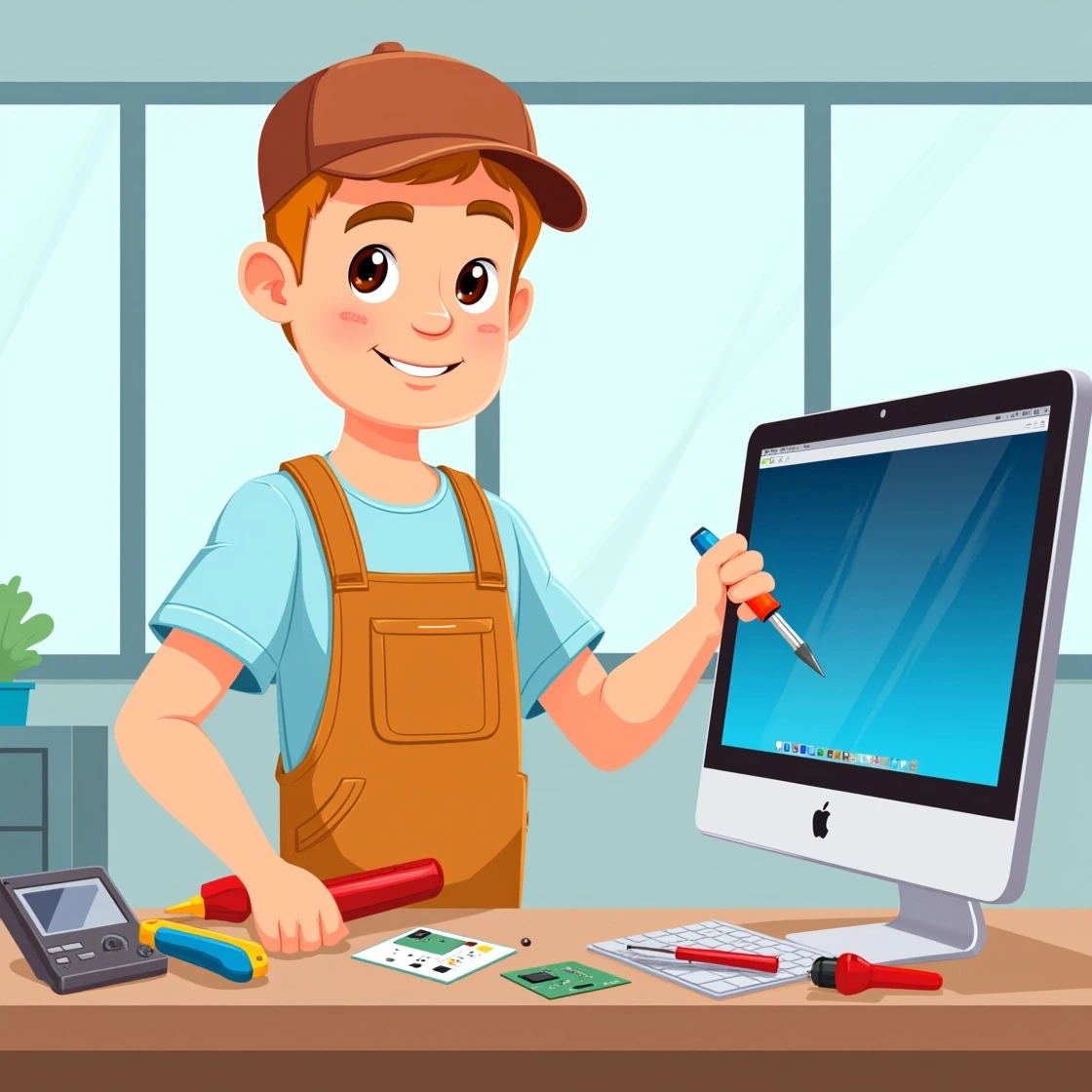 Cartoon technician holding a screwdriver beside iMac screen
