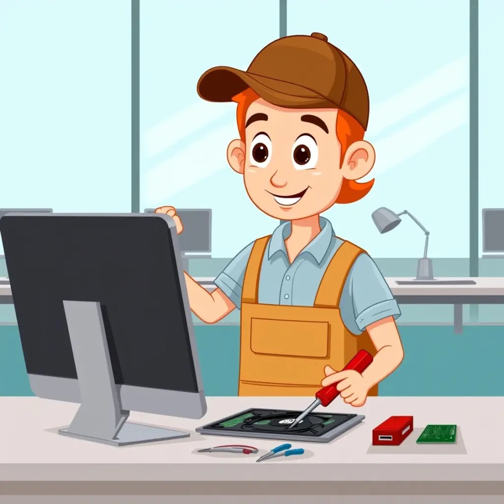 Cartoon technician repairing an iMac with internal parts and tools on office desk.