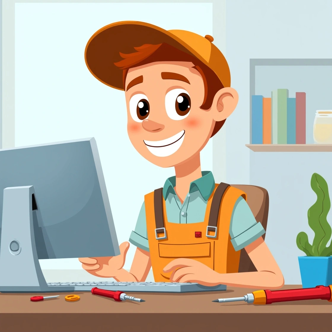 Cartoon technician at desk working on an iMac with repair tools around.