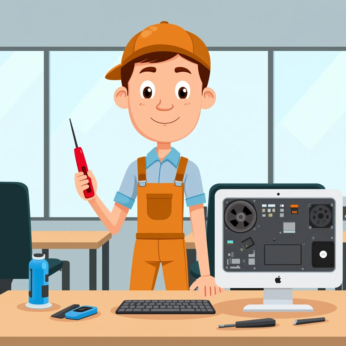 Cartoon technician holding screwdriver beside opened iMac with tools on office desk.