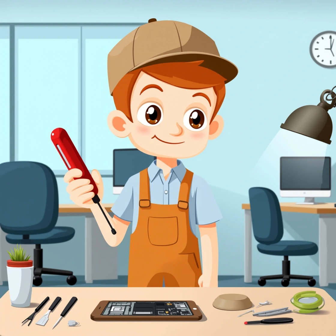Cartoon phone technician with screwdriver standing beside disassembled iPhone and tools.