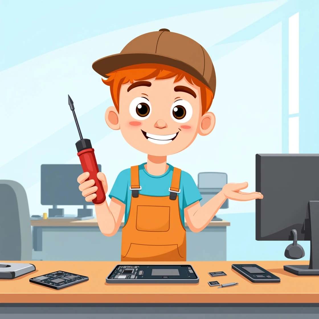 Happy cartoon technician holding screwdriver with iPhone parts