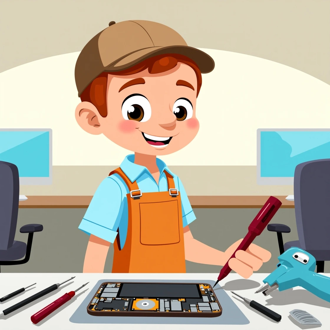Cartoon boy performing detailed iPhone repair using precision tools in an office.