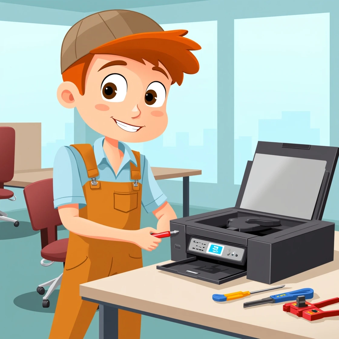 Cartoon repair expert fixing an inkjet printer with tools in a bright office.