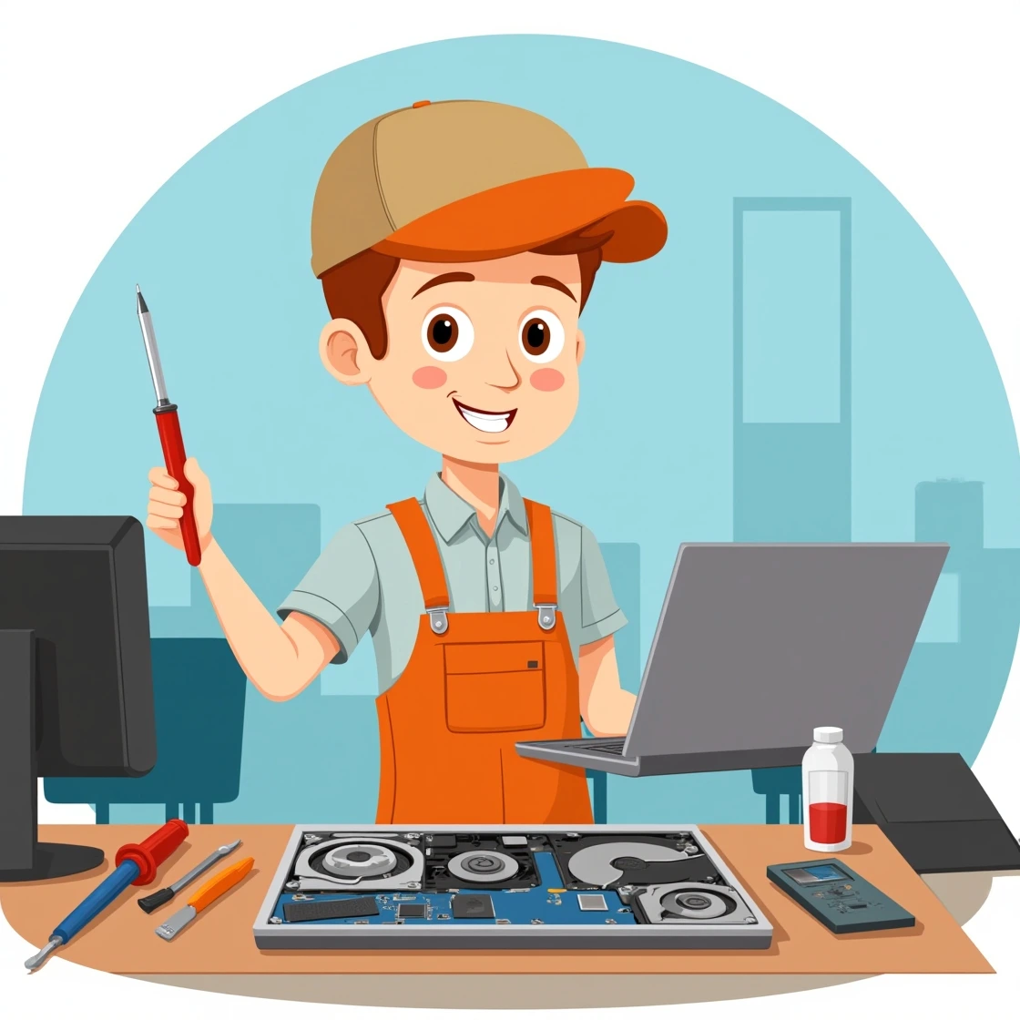 Cartoon technician fixing an open laptop motherboard with a screwdriver in an office.