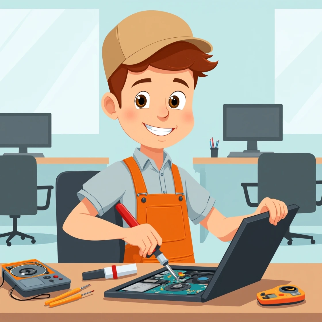 Cartoon laptop technician soldering components on a laptop motherboard.
