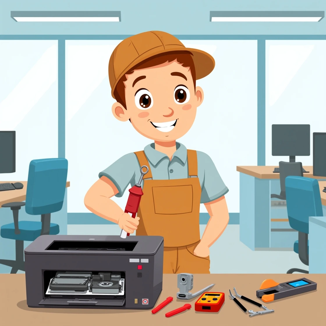 Cartoon technician with a screwdriver repairing a laser printer in a modern office setup.