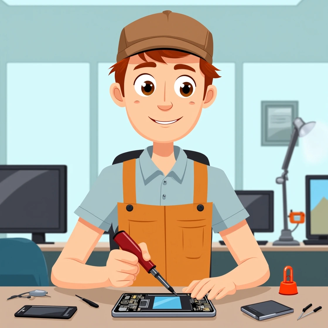Cartoon boy performing precise mobile phone repair in a clean, office-style workshop.