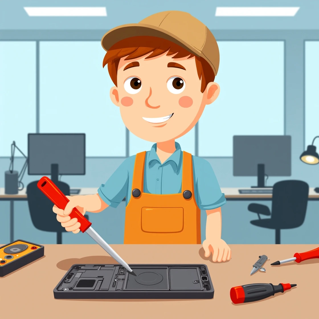 Cartoon mobile repair expert fixing a disassembled smartphone in a tech workspace.
