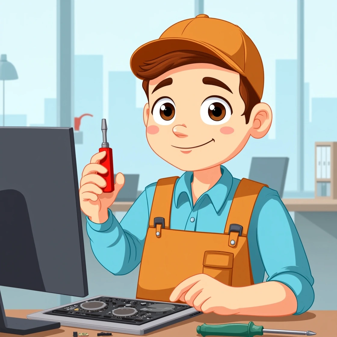 Cartoon laptop technician working on motherboard repairs in office.