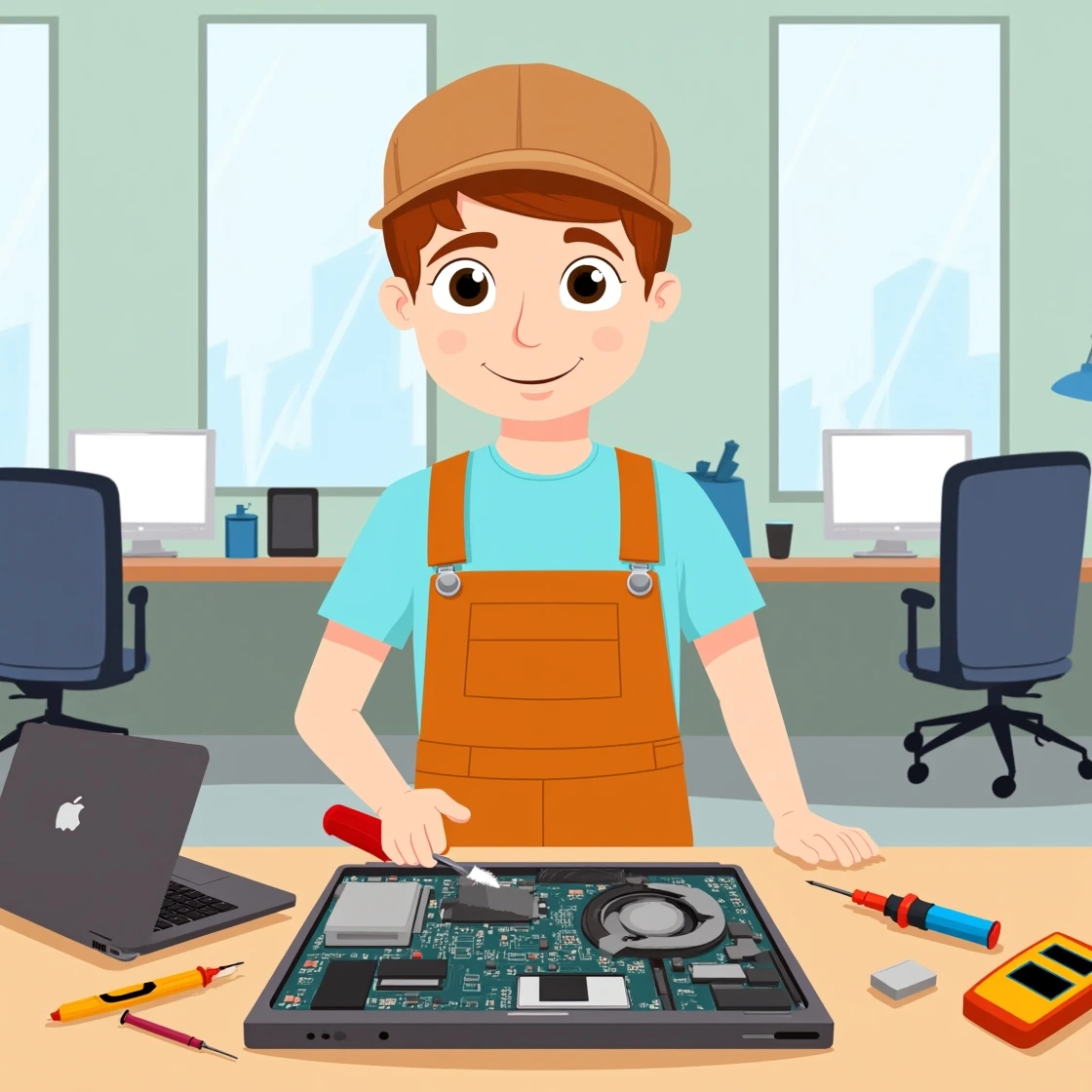 Cartoon laptop technician working on an open motherboard with tools in a bright office.