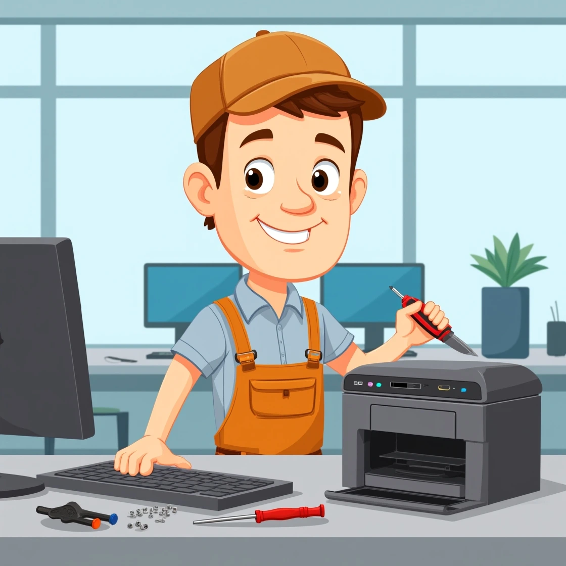 Cartoon character performing printer maintenance at work desk.