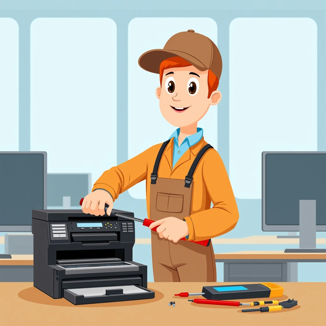 Cartoon office printer technician using tools for maintenance