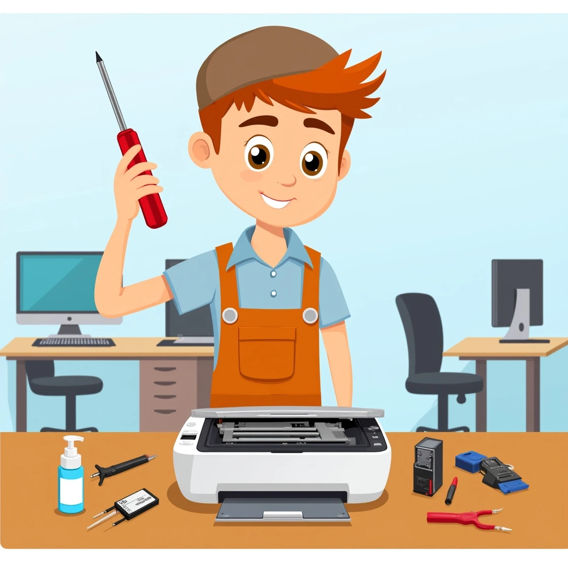 Cartoon technician fixing a white office printer with multiple tools on a desk.