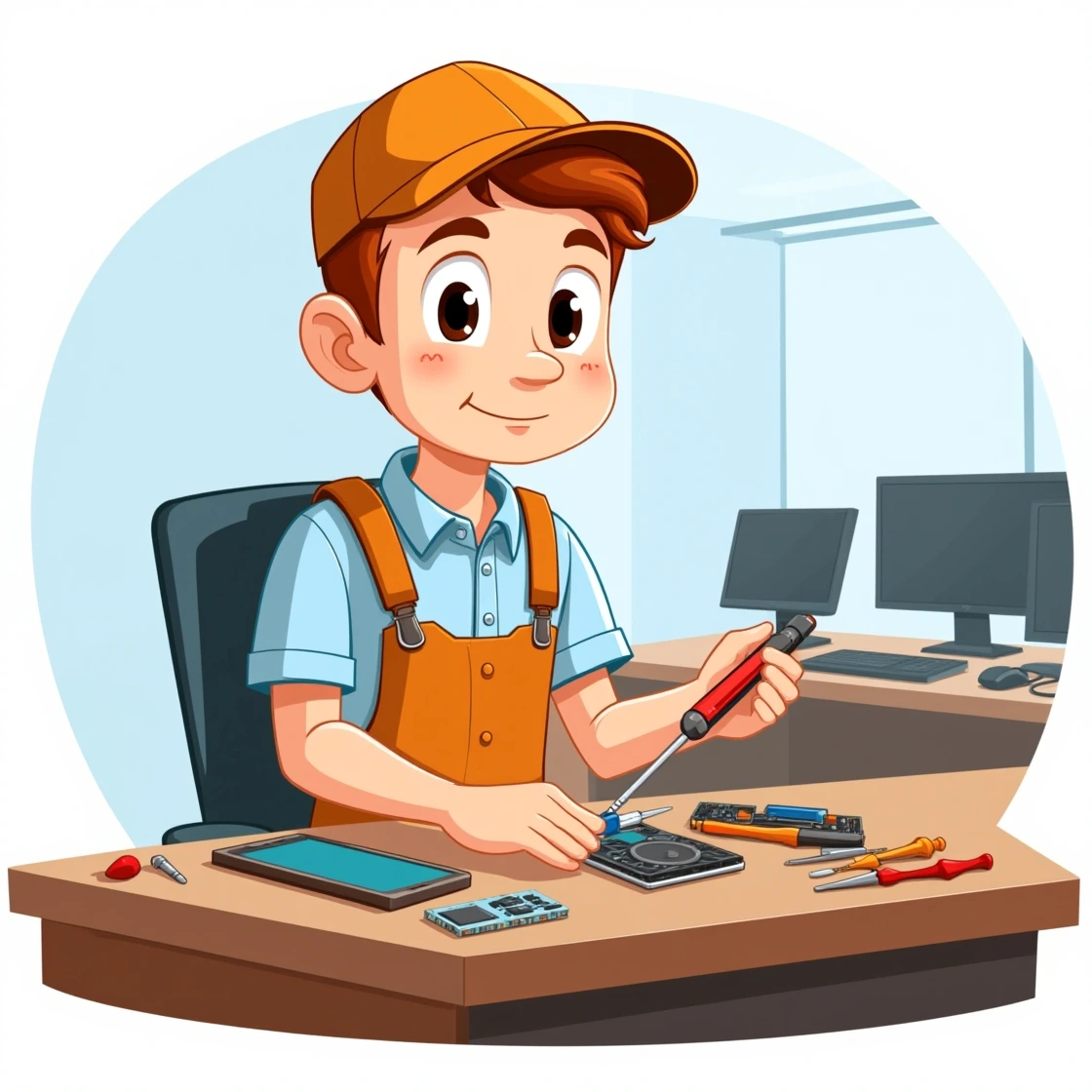 Cartoon technician using tools to repair a phone on a workstation.