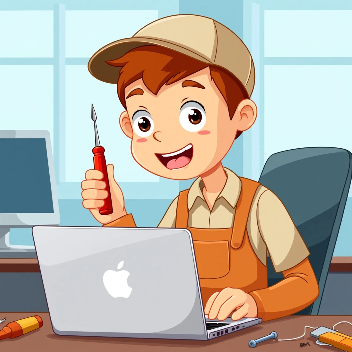 Cartoon boy repairing MacBook with screwdriver at desk.