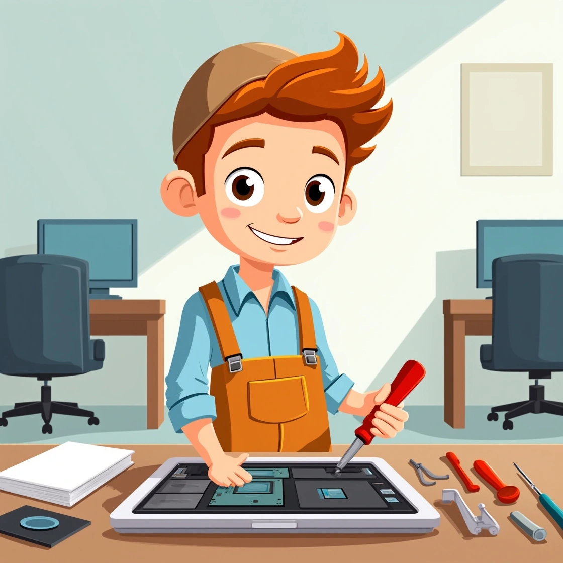Cartoon boy repairing a MacBook motherboard with tools in an office setup.