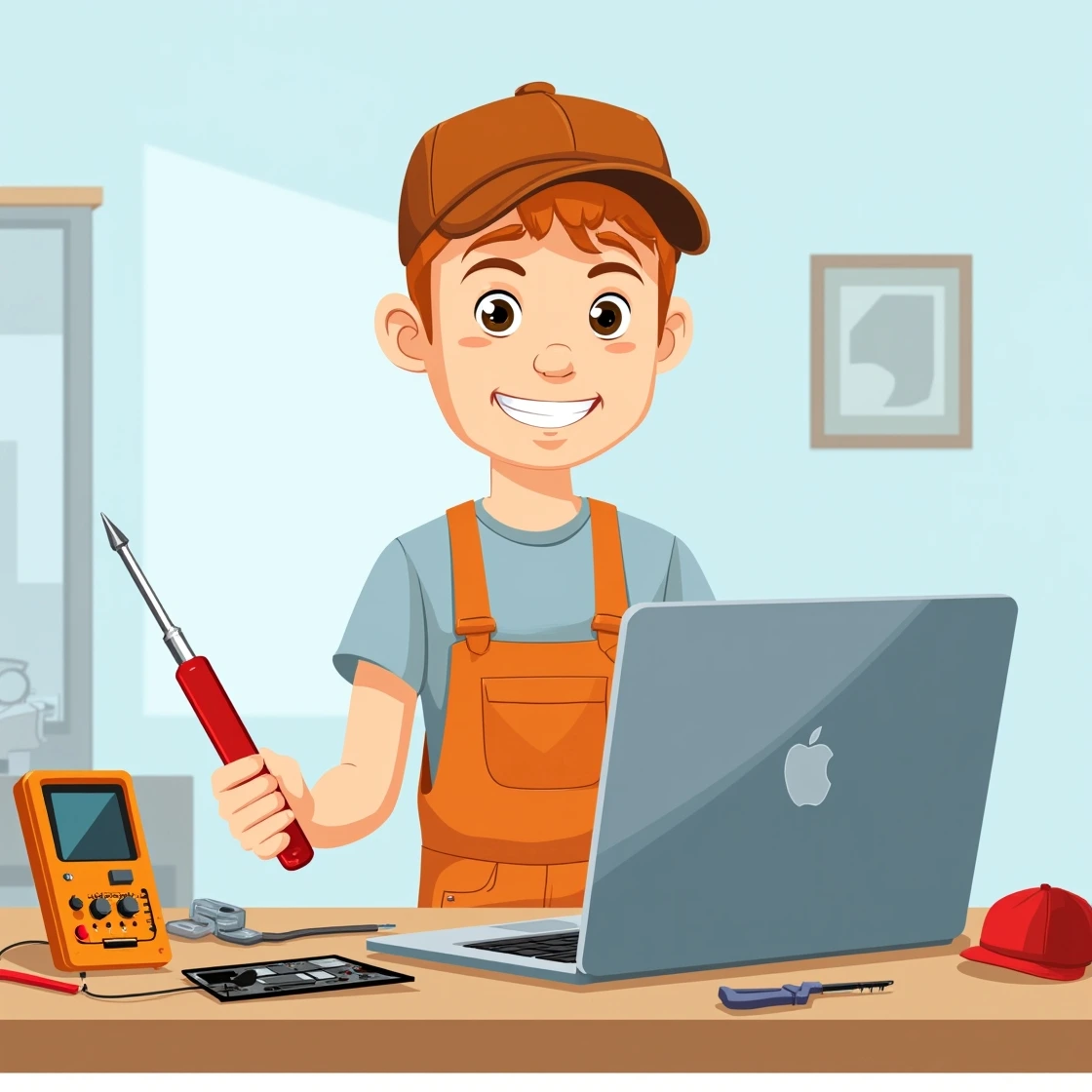 Cartoon technician repairing a MacBook with screwdriver in office